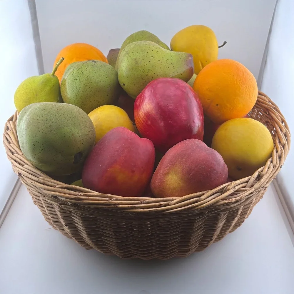 Vintage Style Realistic Faux Fruit Assortment in Woven Wicker Basket Centerpiece